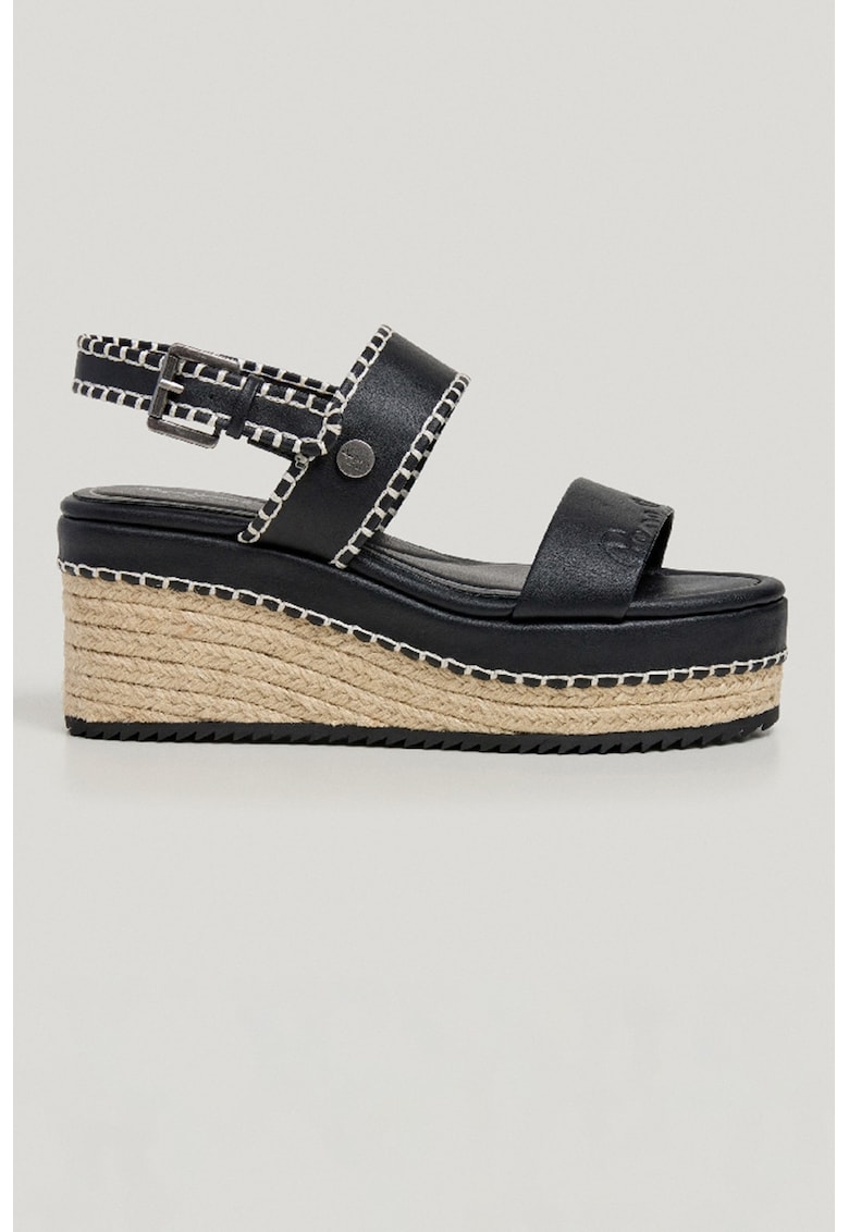 Sandale wedge de piele ecologica cu aplicatie de iuta - Negru/Gri deschis