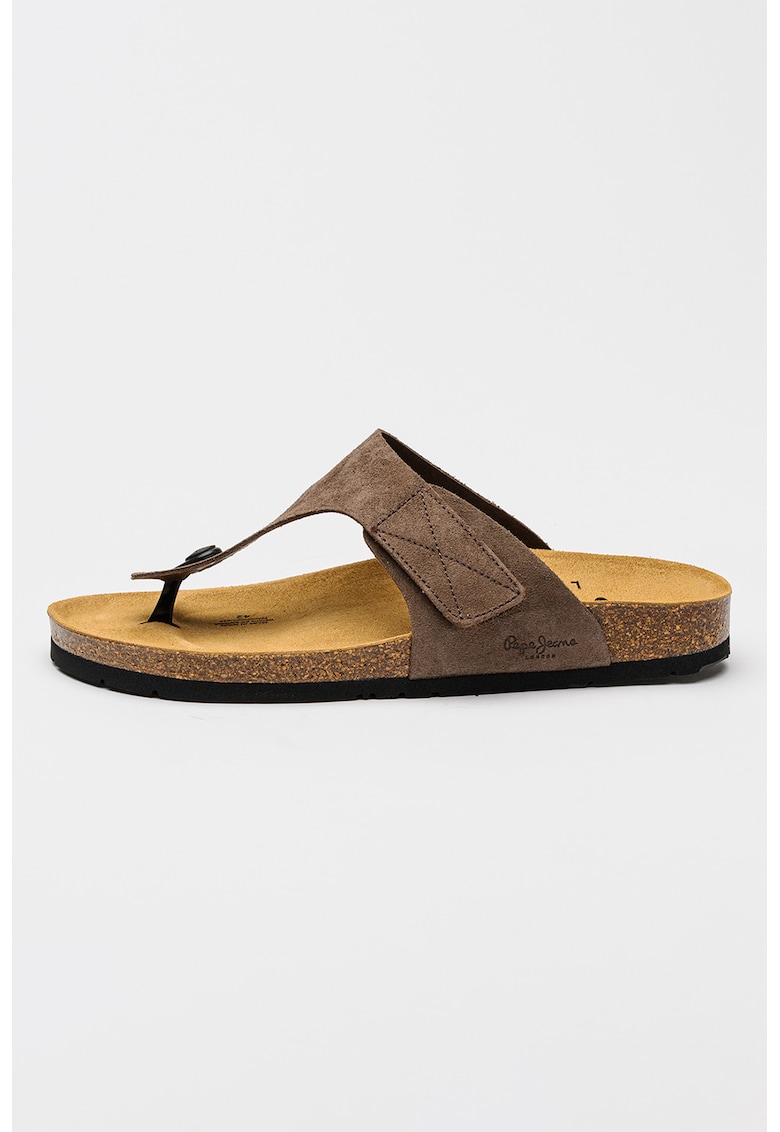 Papuci flip-flop din piele intoarsa cu velcro - Maro pamantiu