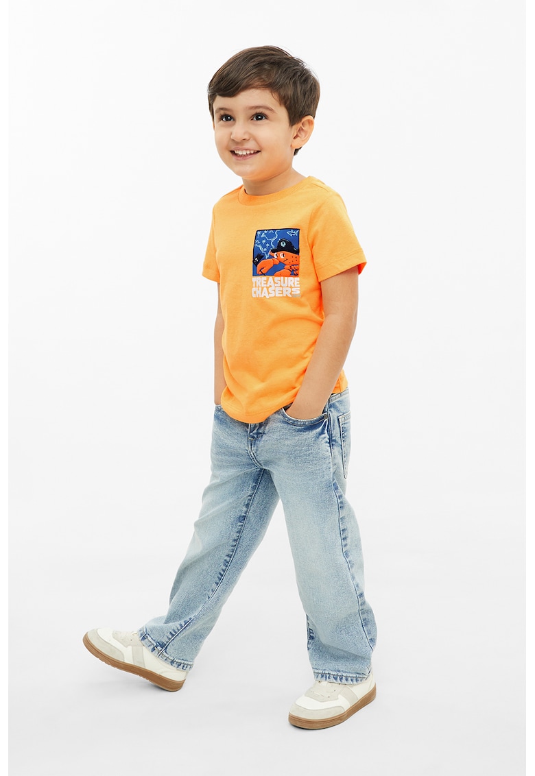 Tricou cu decolteu la baza gatului si imprimeu cu pirat - Portocaliu/Albastru