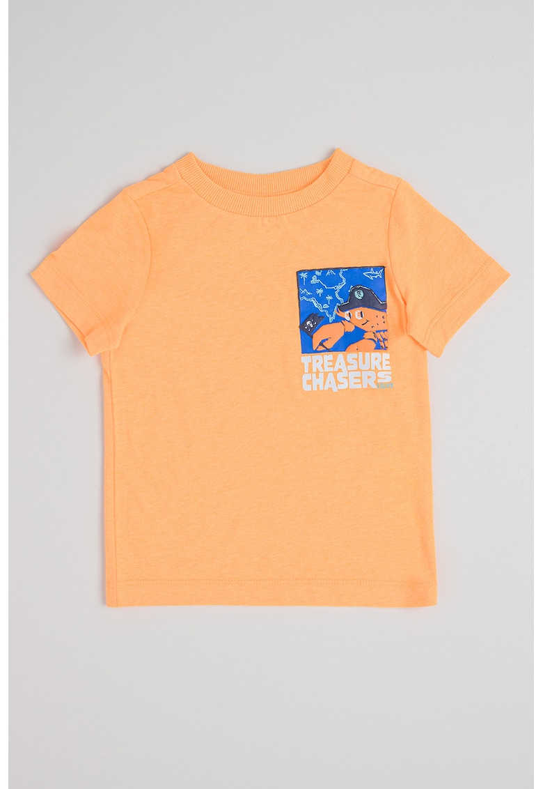Tricou cu decolteu la baza gatului si imprimeu cu pirat - Portocaliu/Albastru