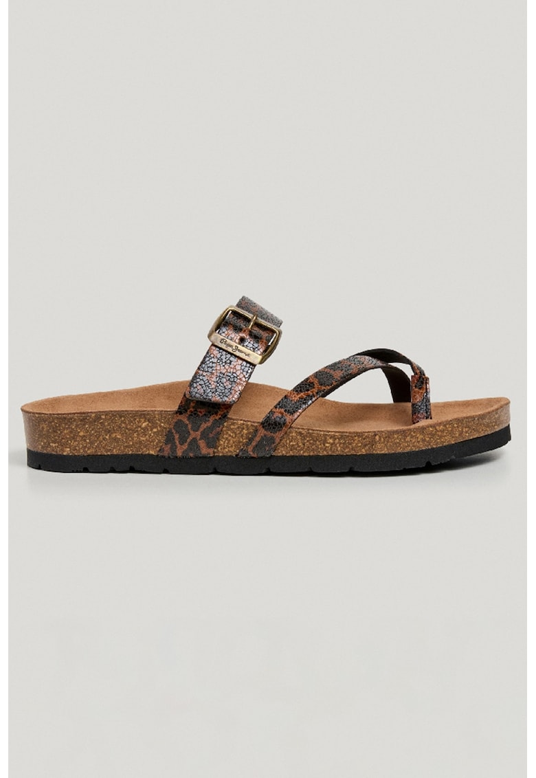 Papuci din piele ecologica cu bareta separatoare si animal print - Maro scortisoara/Negru stins