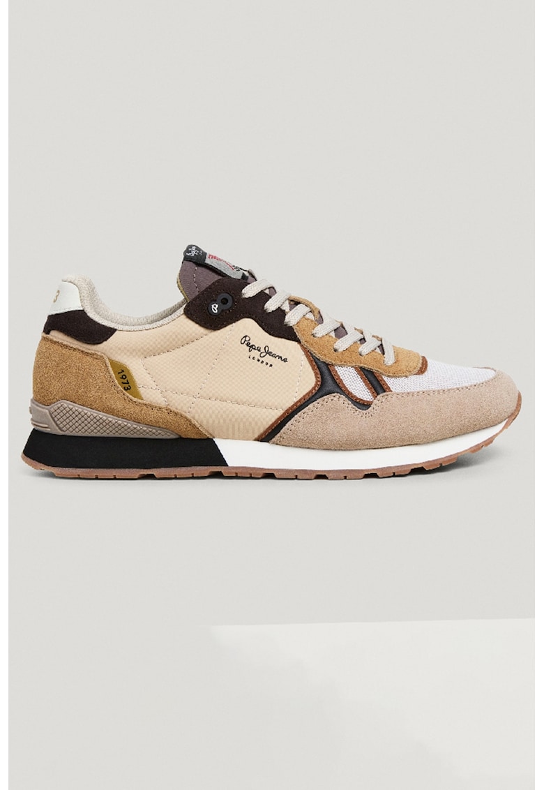 Pantofi sport de piele intoarsa cu garnituri din material textil - Alb/Maro inchis/Maro nisip/Caramel
