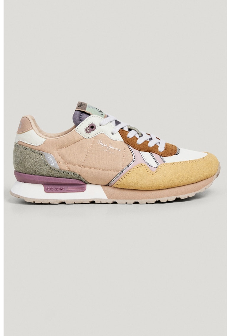 Pantofi sport colorblock cu insertii de piele intoarsa - Alb/Maro scortisoara/Galben pal/Maro nisip