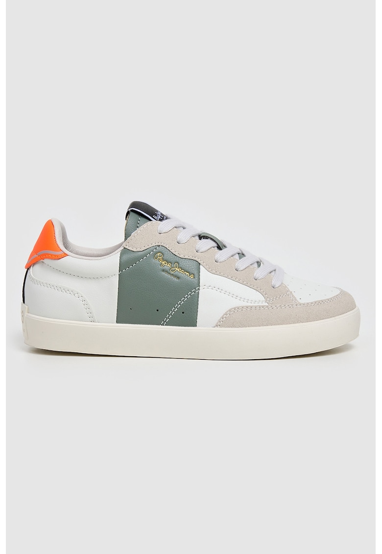 Pantofi sport de piele cu model colorblock - Alb/Negru/Portocaliu mandarina/Verde sparanghel