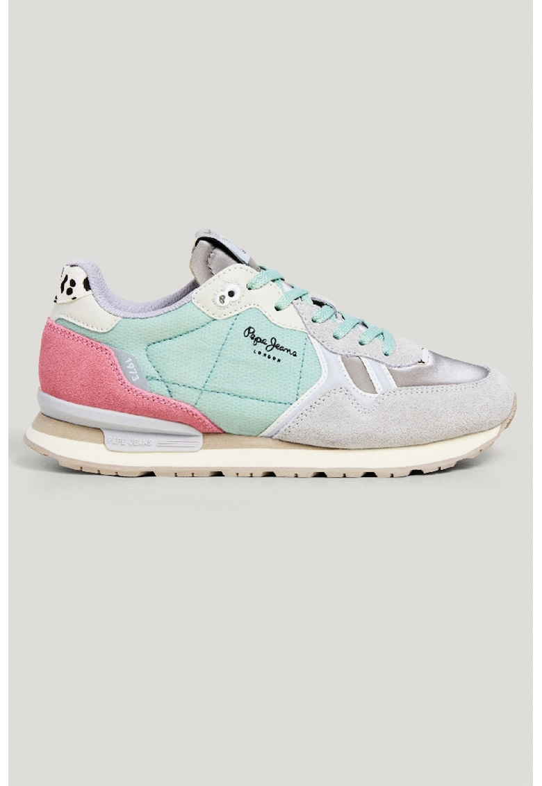 Pantofi sport cu insertii de piele intoarsa - Gri deschis/Roz aprins/Verde menta