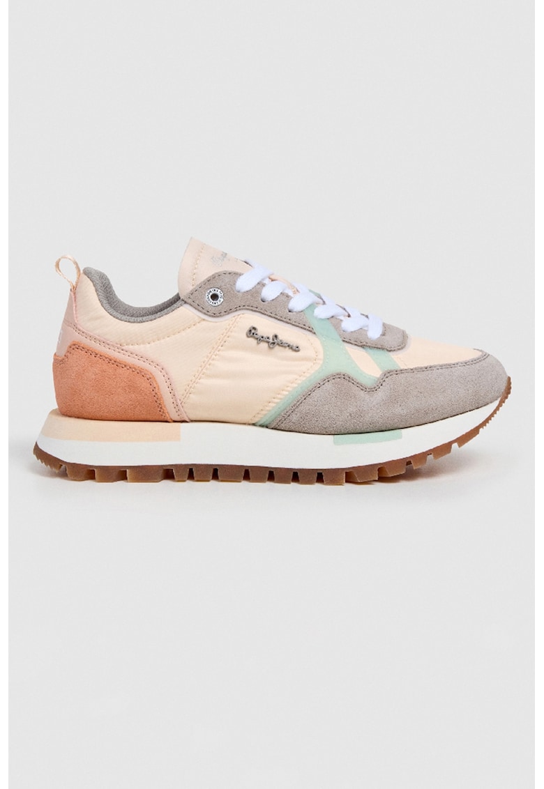 Pantofi sport cu garnituri de piele intoarsa si insertii de material sintetic - Maro taupe/Roz somon/Piersica