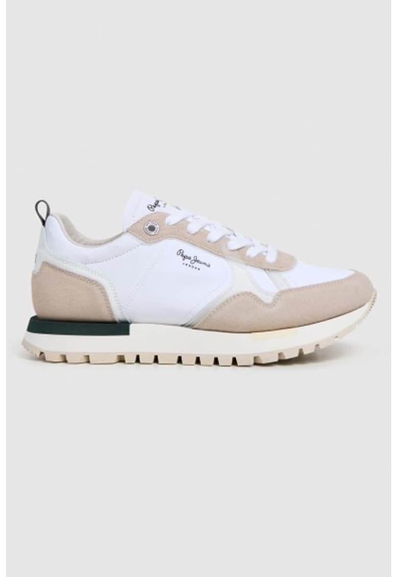 Pantofi sport low-cut uni cu garnituri de piele intoarsa - Maro taupe deschis/Alb optic - Pepe Jeans London - imagine 1