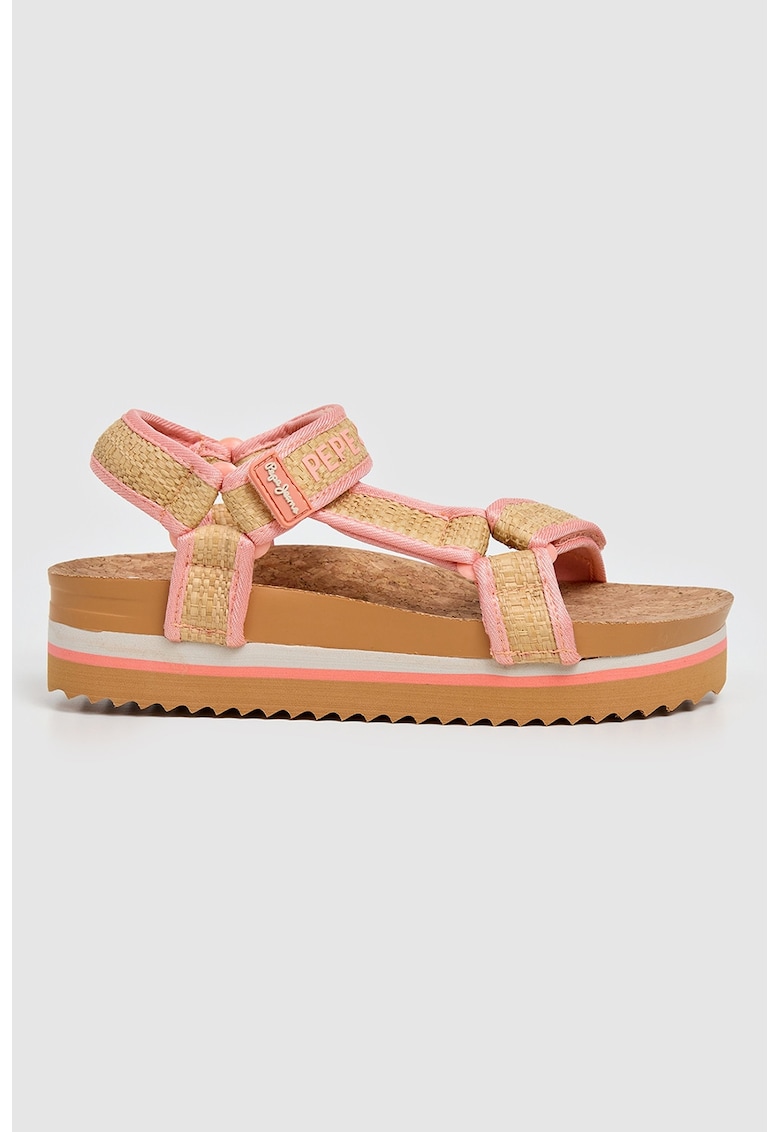Sandale wedge cu velcro - Roz deschis/Bej
