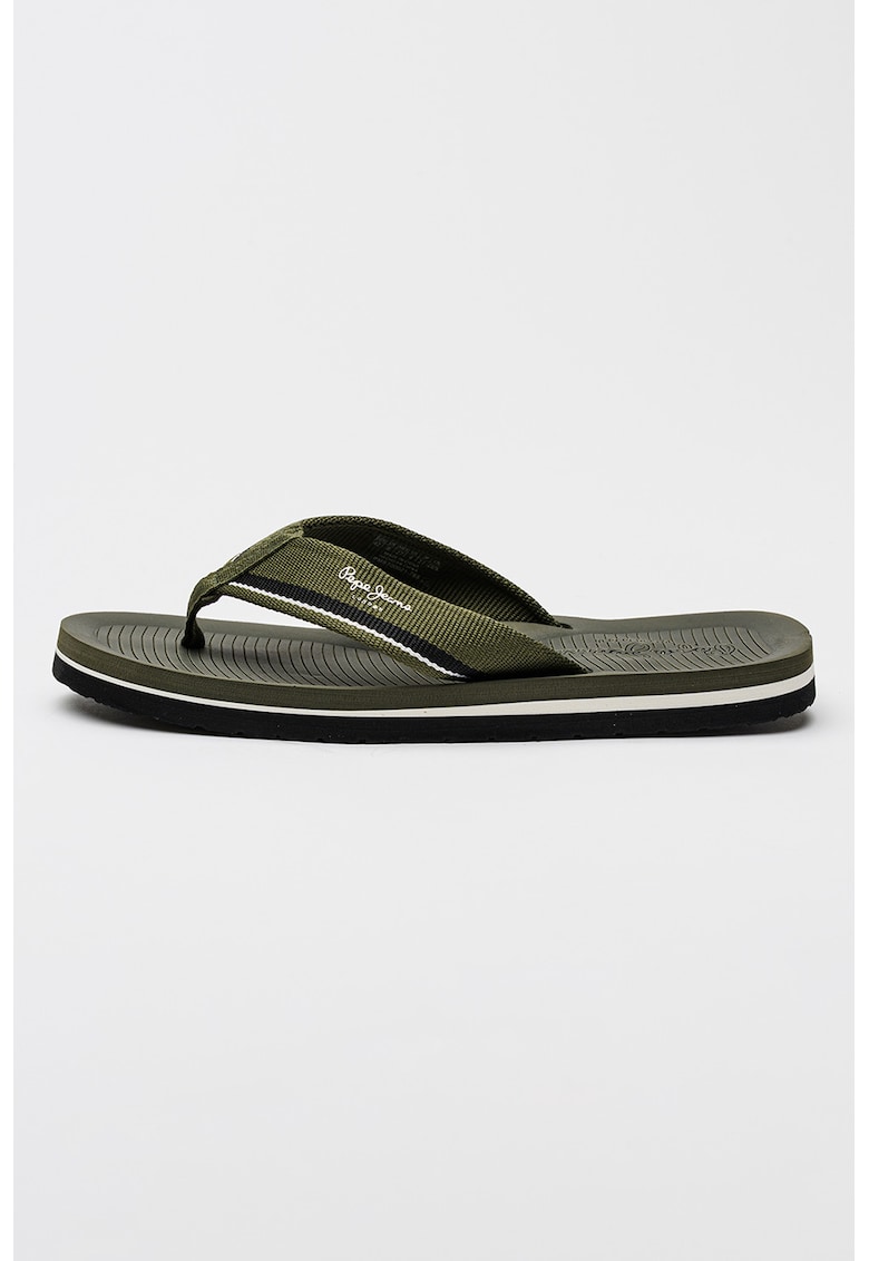 Papuci flip-flop din material textil cu logo - Alb/Negru/Kaki inchis