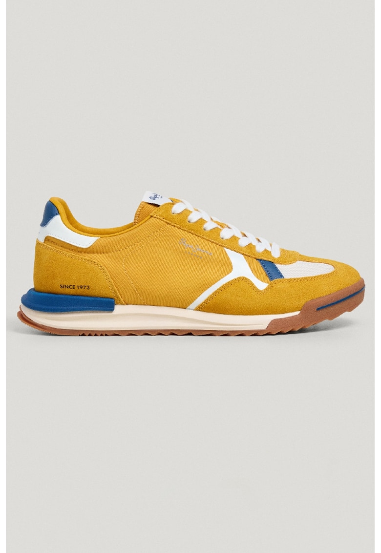 Pantofi sport din piele intoarsa si material textil cu logo - Alb/Albastru inchis/Galben sofran