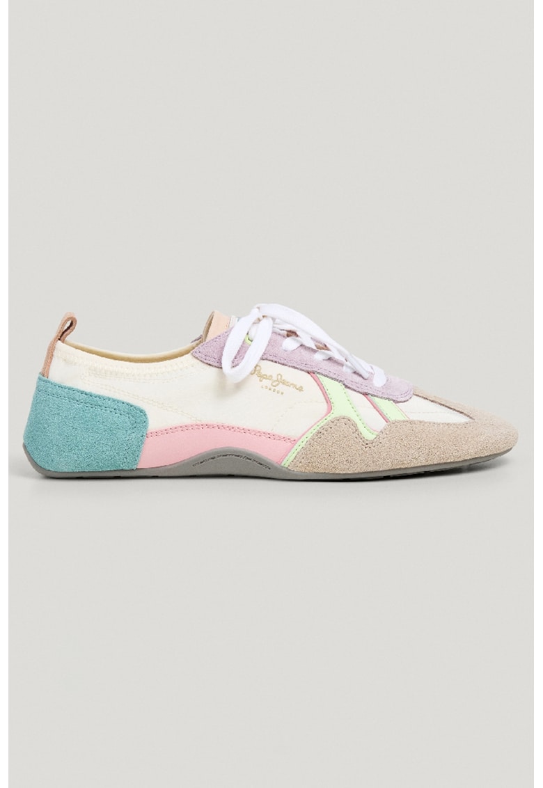Pantofi sport cu talpa plata si garnituri de piele intoarsa - Roz pastel/Verde pal/Verde persan/Bej deschis