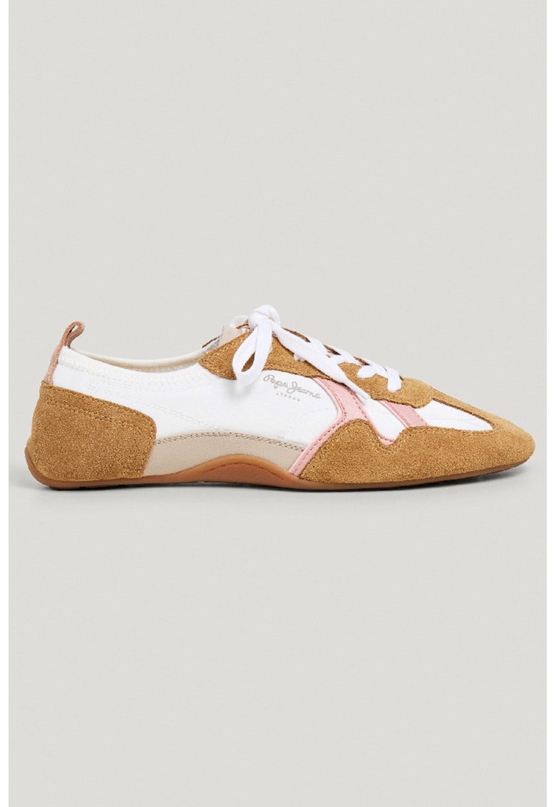 Pantofi sport cu talpa plata si garnituri de piele intoarsa - Alb/Maro scortisoara/Roz deschis