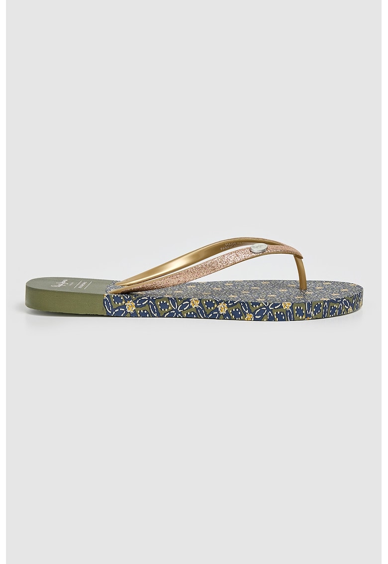 Papuci flip-flop cu aspect stralucitor - Auriu/Verde sparanghel/Bleumarin
