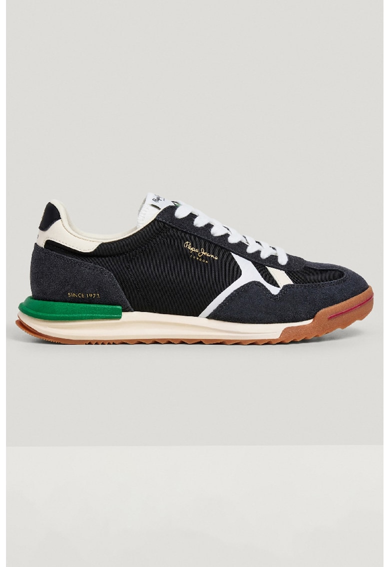 Pantofi sport de piele intoarsa si material textil cu sireturi - Alb/Verde/Gri antracit