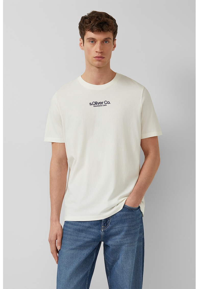 Tricou cu decolteu la baza gatului si logo - Alb murdar