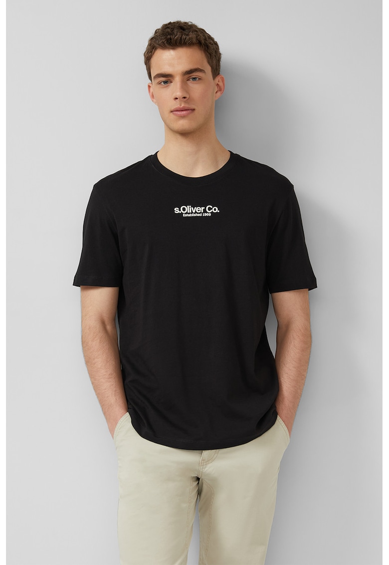 Tricou cu decolteu la baza gatului si logo - Negru