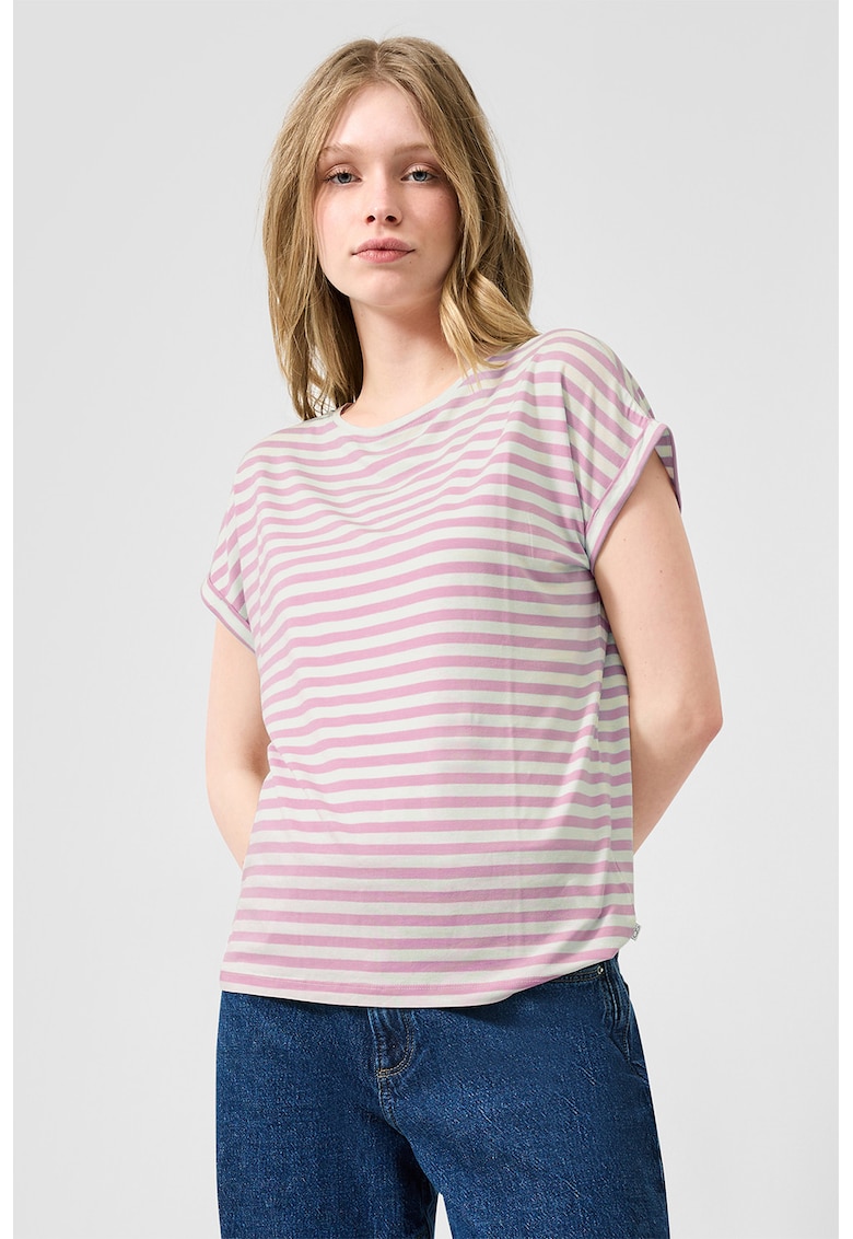 Tricou din amestec de lyocell cu dungi - Roz pastel/Alb murdar