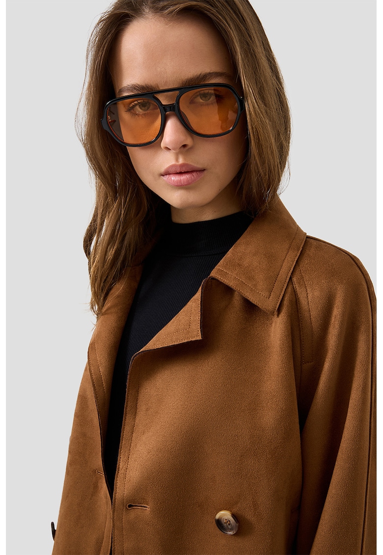 Jacheta de piele intoarsa ecologica cu doua randuri de nasturi - Caramel