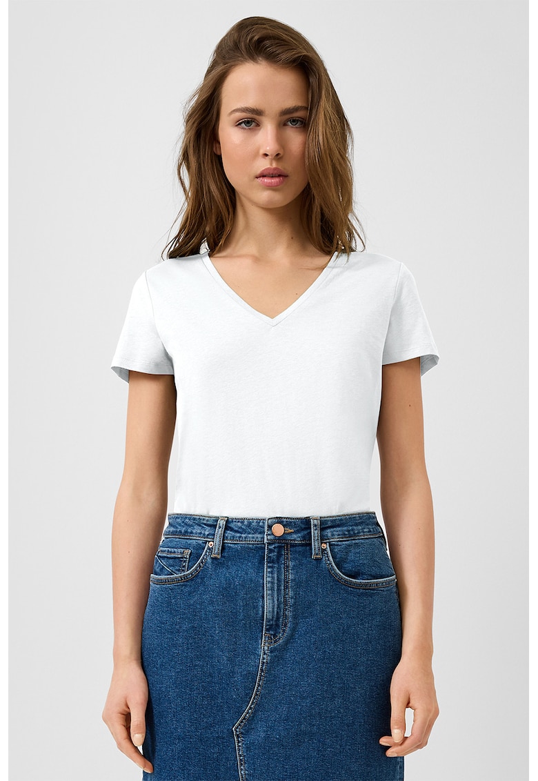 Tricou de bumbac cu decolteu in V - Alb