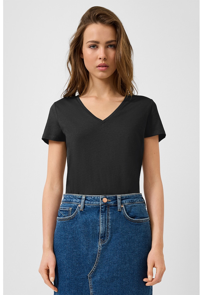 Tricou de bumbac cu decolteu in V - Negru