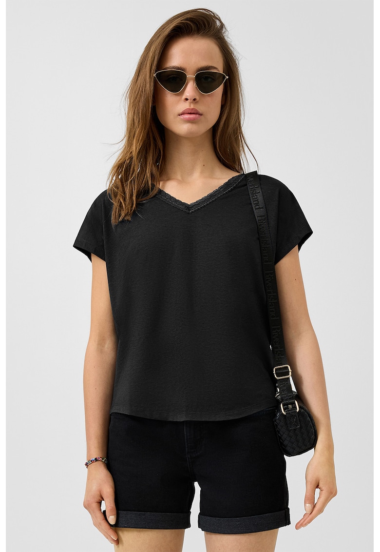 Tricou de modal si bumbac cu decolteu in V - Negru