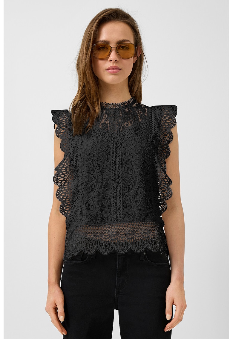 Top brodat din dnatela cu terminatii valurite - Negru stins -