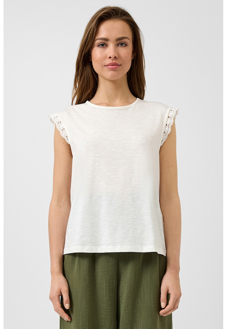 Tricou cu garnitura crosetata pe maneci - Alb