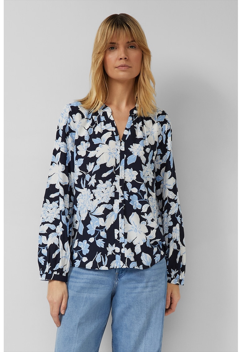 Bluza tunica cu model floral - Albastru pastel/Alb murdar/Bleumarin