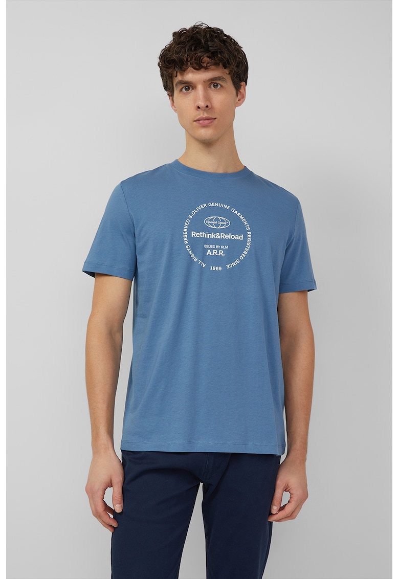 Tricou de bumbac cu text - Albastru inchis/Alb optic