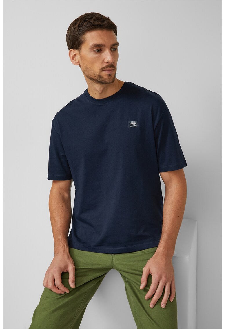 Tricou de bumbac cu decolteu la baza gatului - Alb optic/Bleumarin
