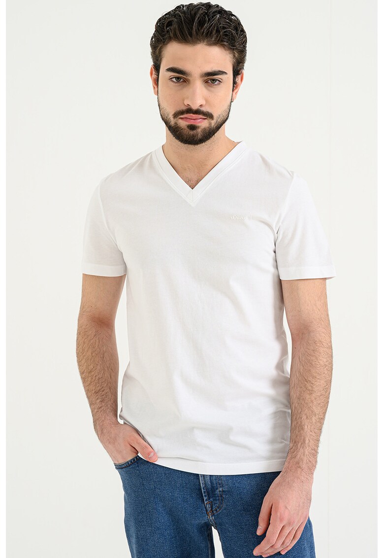 Tricou de bumbac cu decolteu in V - Alb