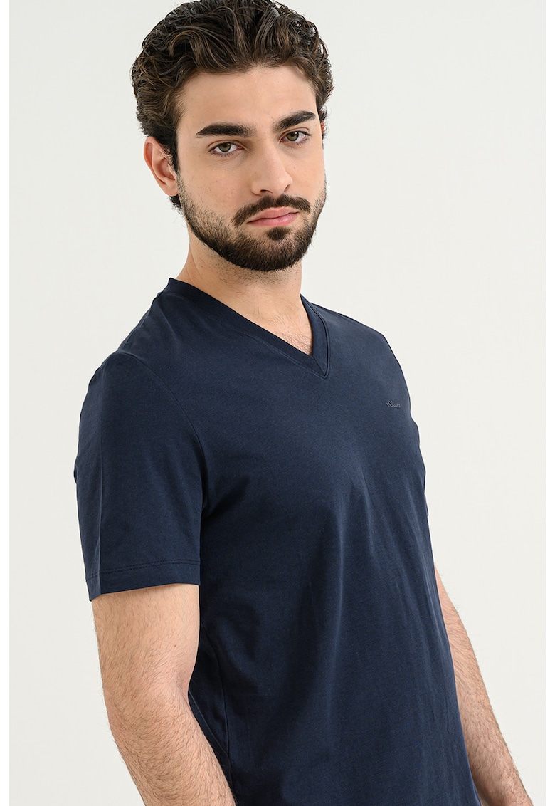 Tricou de bumbac cu decolteu in V - Bleumarin