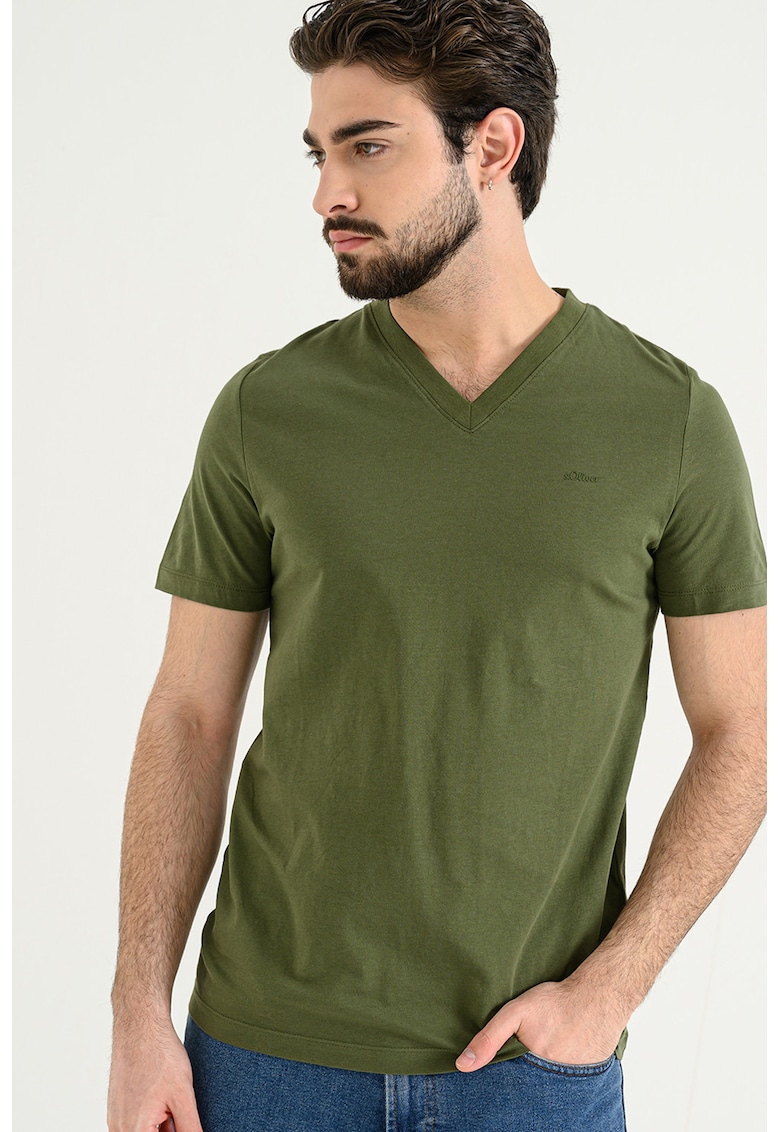 Tricou de bumbac cu decolteu in V - Verde