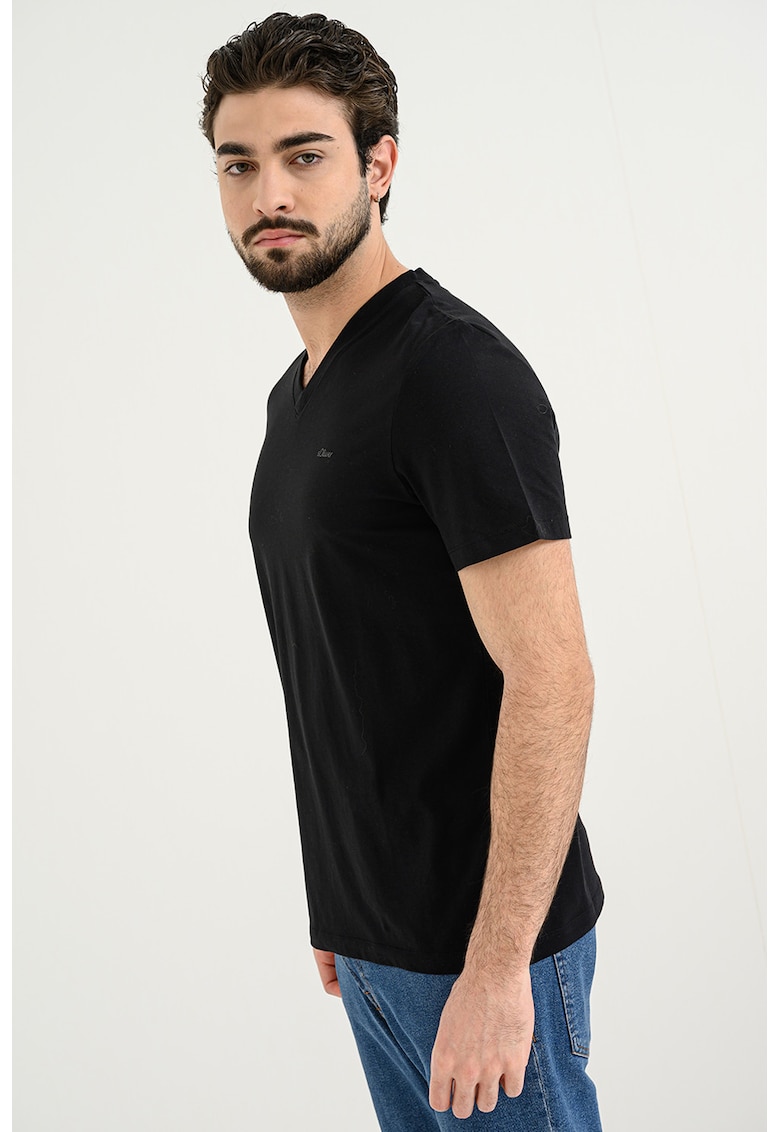 Tricou de bumbac cu decolteu in V - Negru