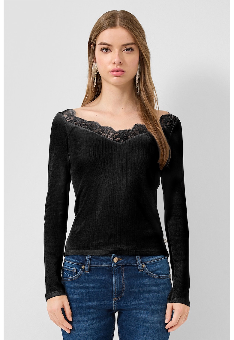 Bluza slim fit cu garnituri de dantela - Negru