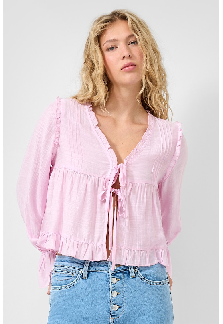 Bluza cu decolteu in V - volane si prindere cu snururi - Roz -
