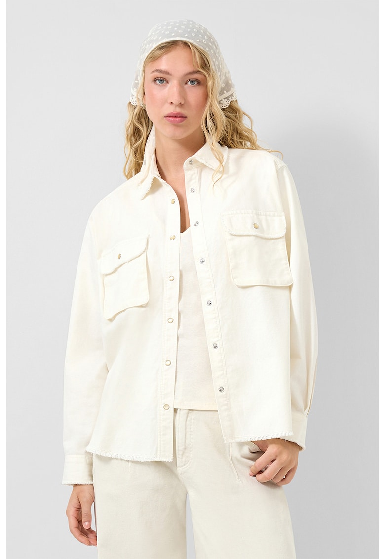 Jacheta din denim cu buzunare pe piept - Crem