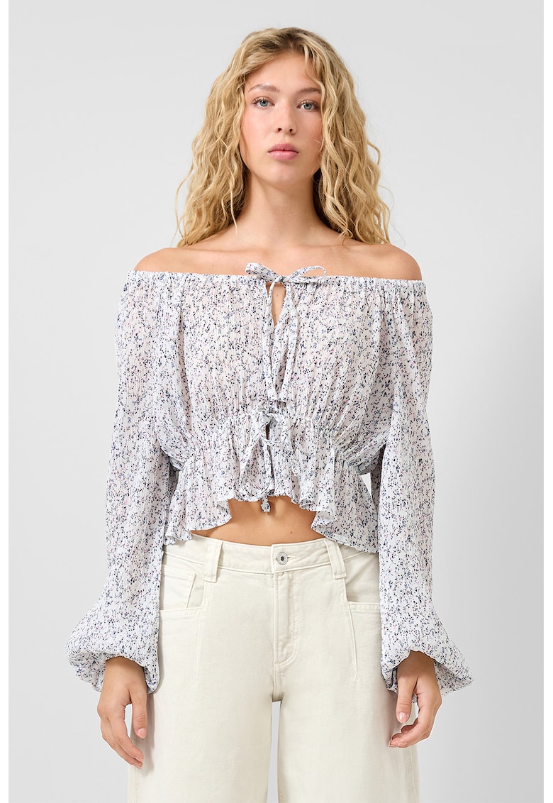 Bluza cu volane - decolteu pe umeri si prinderi cu snururi - Alb - Bleumarin -
