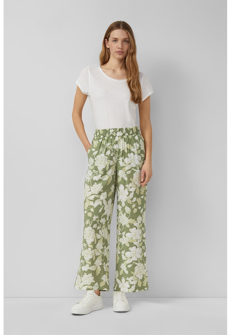 Pantaloni cu croiala ampla - model floral si talie elastica - Alb/Verde