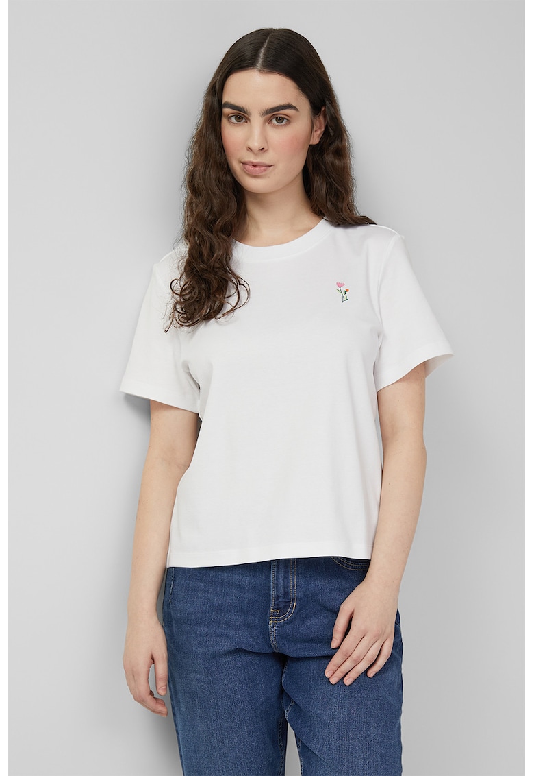 Tricou de bumbac cu broderie florala - Alb