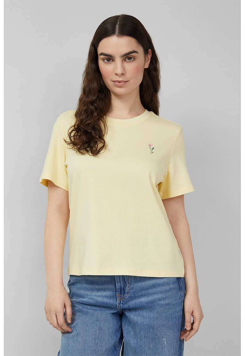 Tricou de bumbac cu broderie florala - Galben