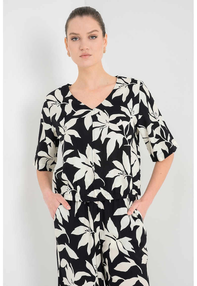 Bluza lejera cu model floral - Alb fildes/Negru