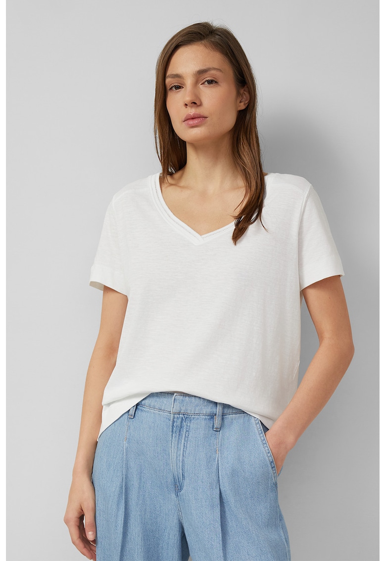 Tricou din bumbac cu decolteu in V - Alb