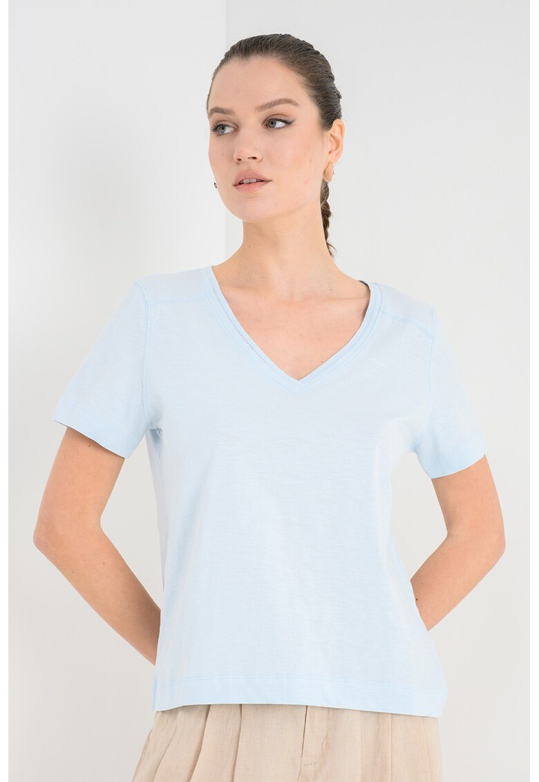 Tricou din bumbac cu decolteu in V - Albastru pastel
