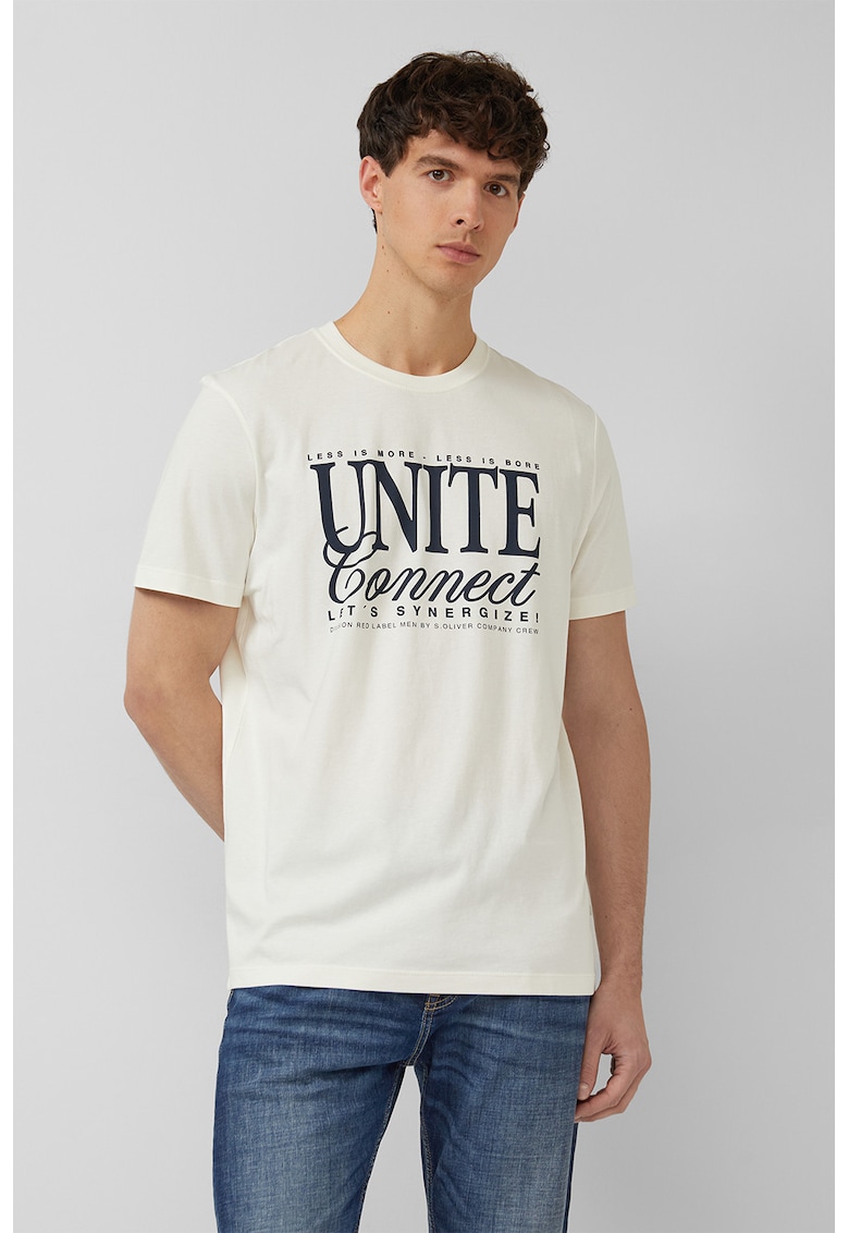 Tricou cu imprimeu si decolteu la baza gatului - Alb murdar