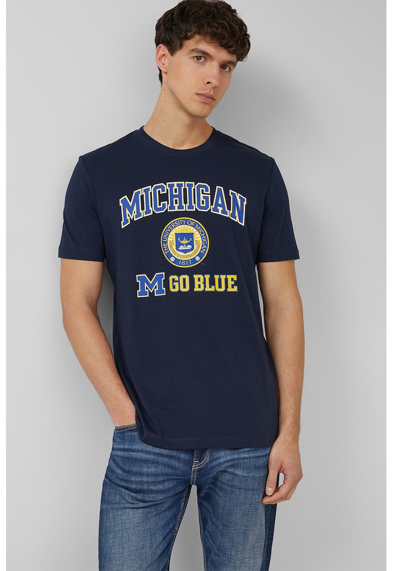 Tricou cu decolteu la baza gatului si imprimeu Michigan - Bleumarin