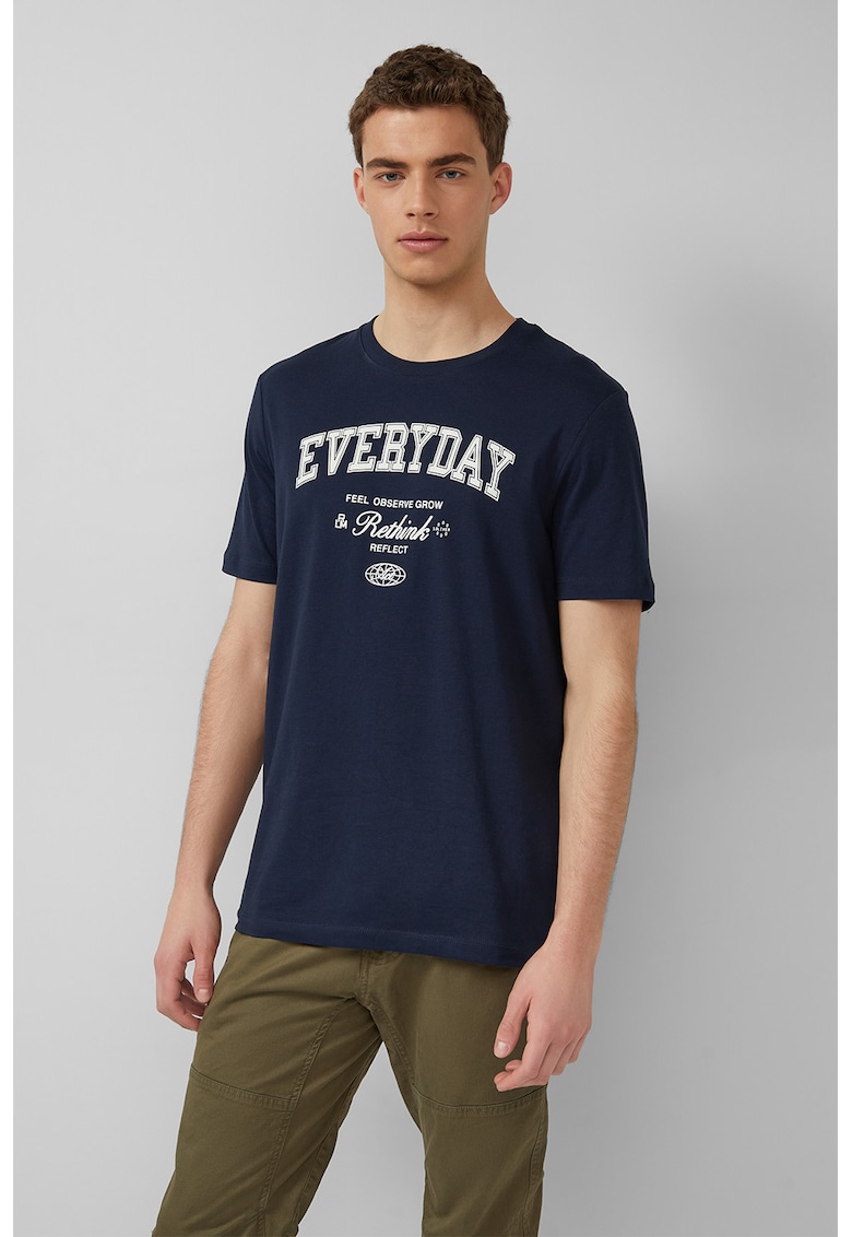 Tricou cu decolteu la baza gatului si imprimeu grafic - Alb - Bleumarin -
