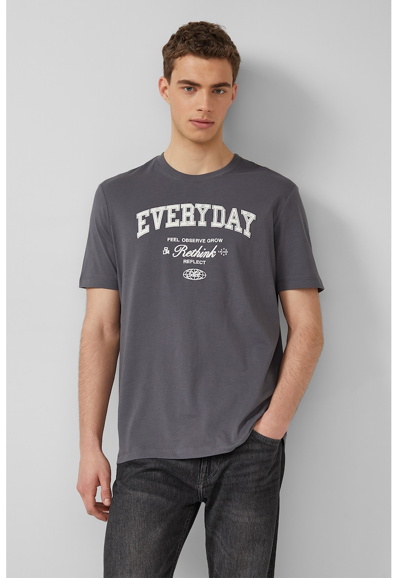 Tricou cu decolteu la baza gatului si imprimeu grafic - Gri - Alb murdar -