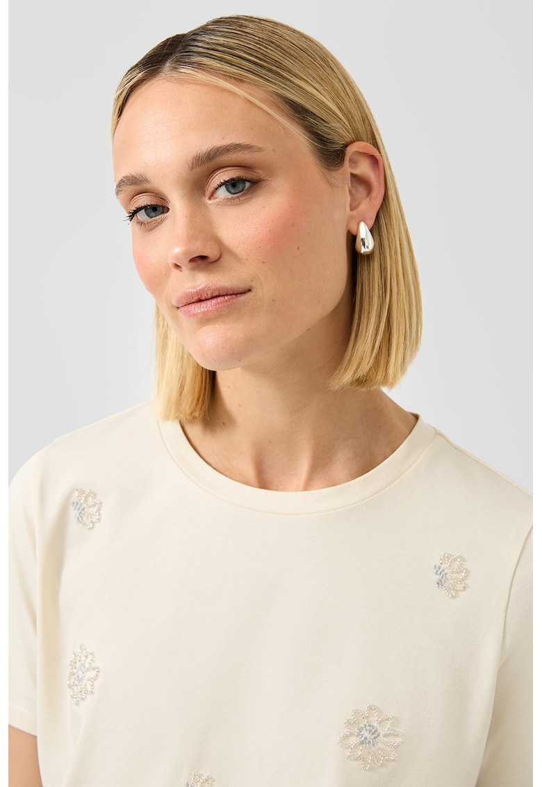 Tricou din amestec de bumbac cu model floral - Alb murdar