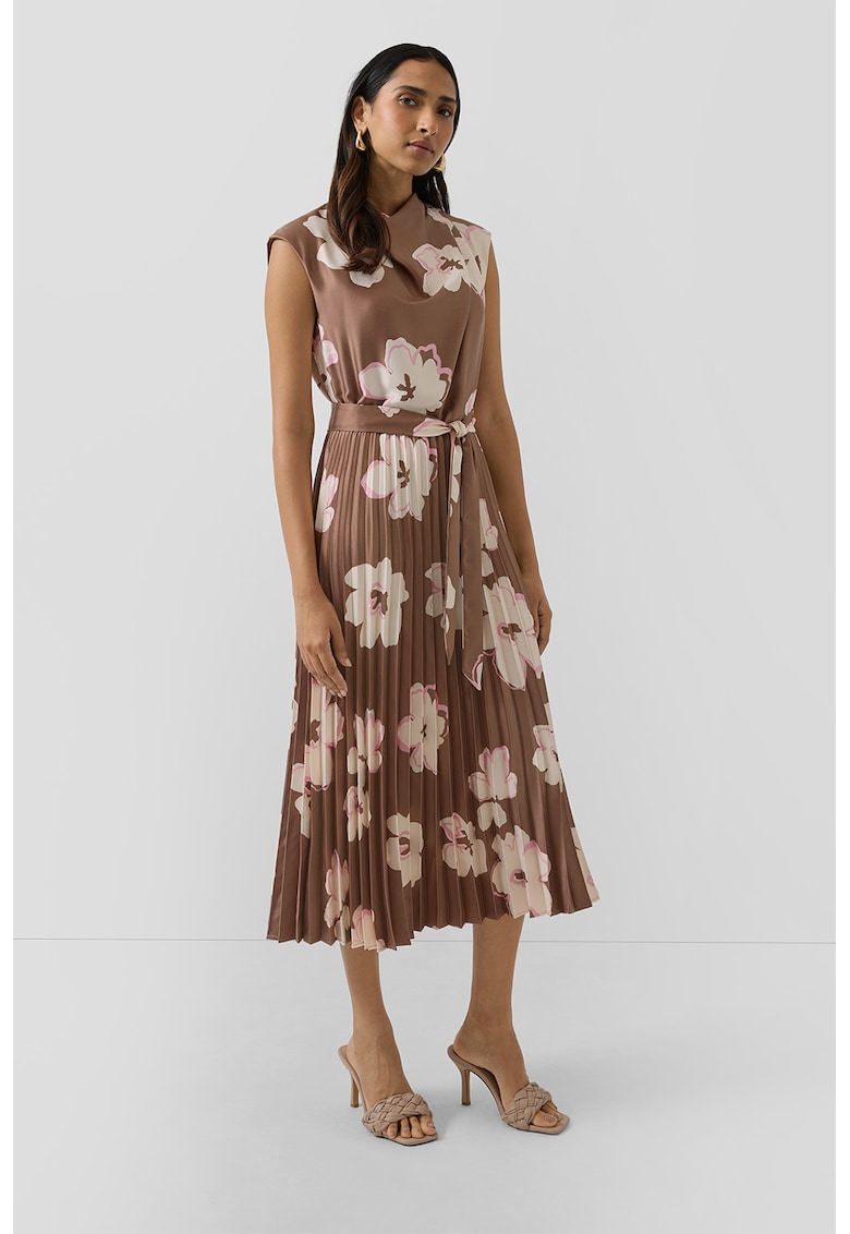 Rochie plisata cu model floral - Maro/Alb murdar